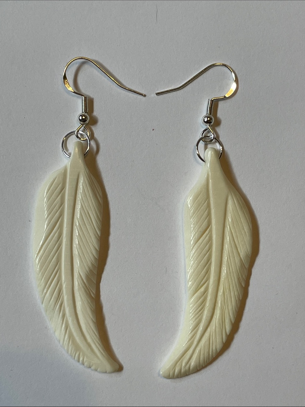 Ivory Buffalo Bone Carved Feather Drop Earrings 925